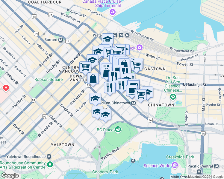 map of restaurants, bars, coffee shops, grocery stores, and more near 608 Hamilton Street in Vancouver