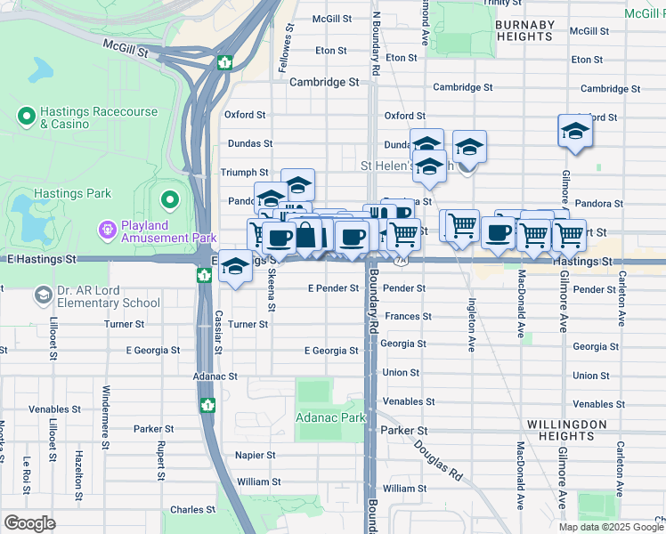 map of restaurants, bars, coffee shops, grocery stores, and more near 444 Kootenay Street in Vancouver