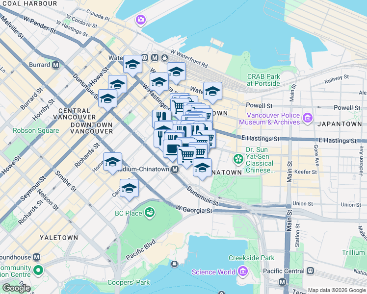 map of restaurants, bars, coffee shops, grocery stores, and more near 518 Beatty Street in Vancouver