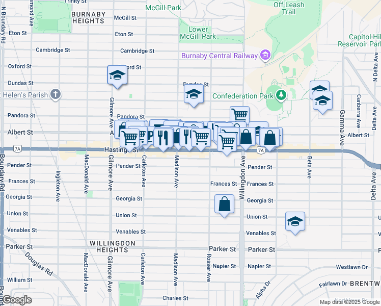 map of restaurants, bars, coffee shops, grocery stores, and more near 4340 British Columbia 7A in Burnaby