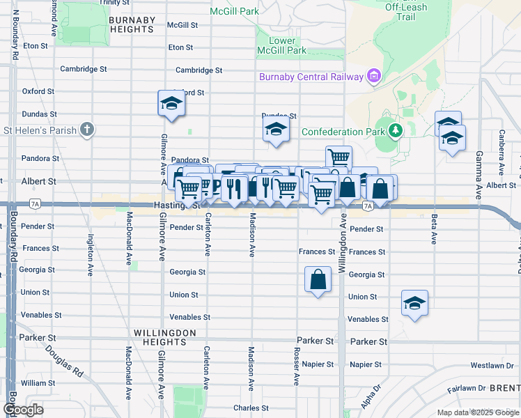 map of restaurants, bars, coffee shops, grocery stores, and more near 4340 British Columbia 7A in Burnaby
