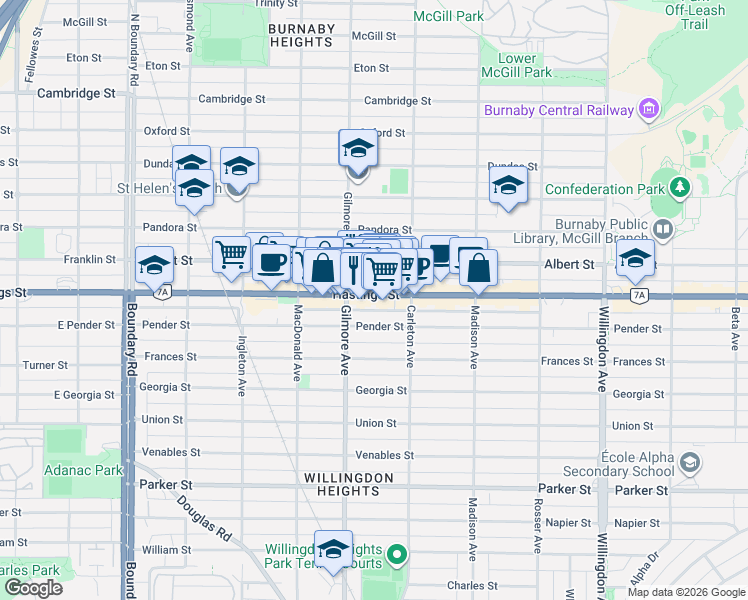 map of restaurants, bars, coffee shops, grocery stores, and more near 4140 Hastings Street in Burnaby