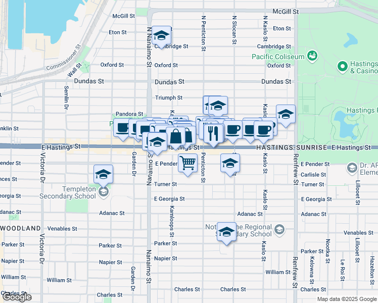 map of restaurants, bars, coffee shops, grocery stores, and more near 2585 East Hastings Street in Vancouver