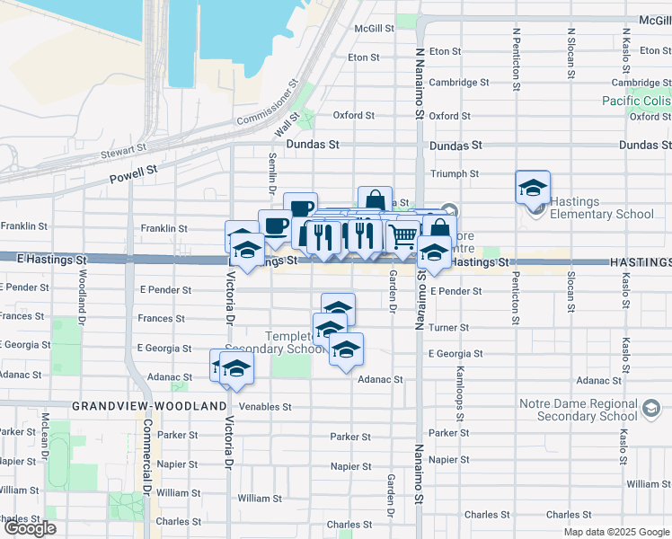 map of restaurants, bars, coffee shops, grocery stores, and more near 2150 East Hastings Street in Vancouver