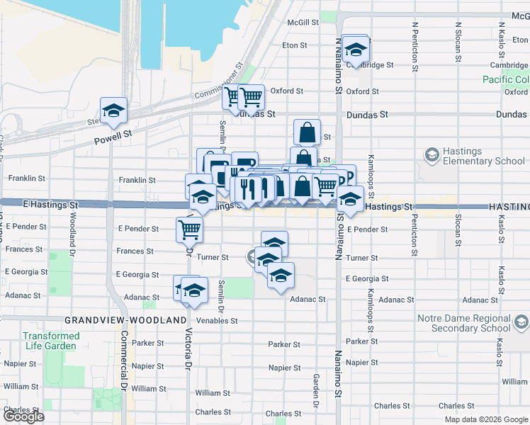 map of restaurants, bars, coffee shops, grocery stores, and more near in Vancouver