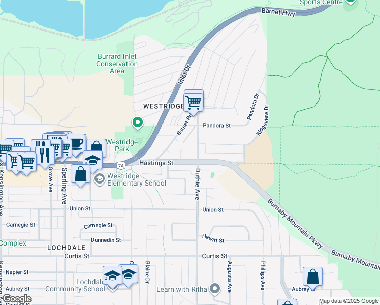 map of restaurants, bars, coffee shops, grocery stores, and more near 355 Duthie Avenue in Burnaby