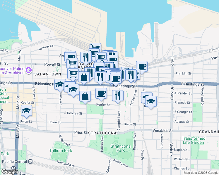 map of restaurants, bars, coffee shops, grocery stores, and more near 838 East Hastings Street in Vancouver