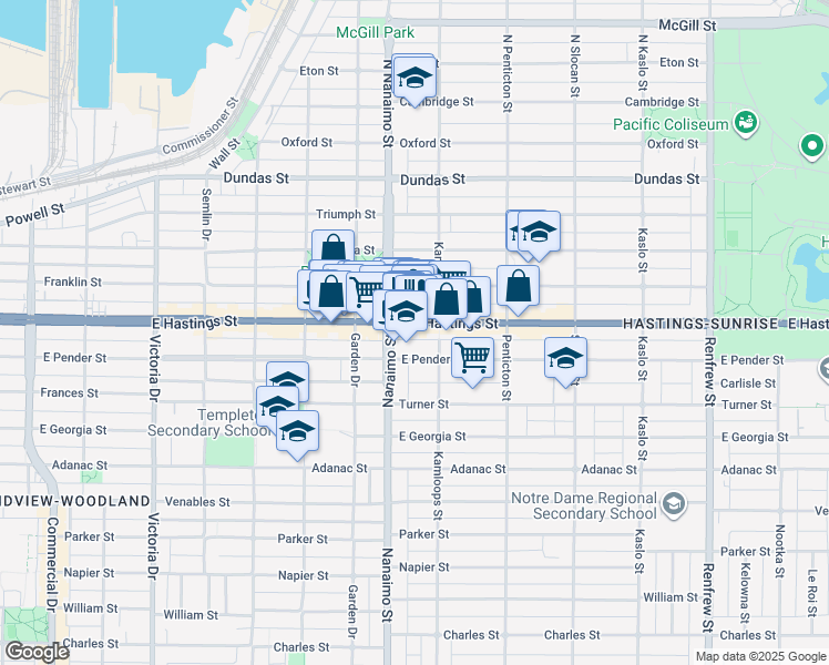 map of restaurants, bars, coffee shops, grocery stores, and more near in Vancouver