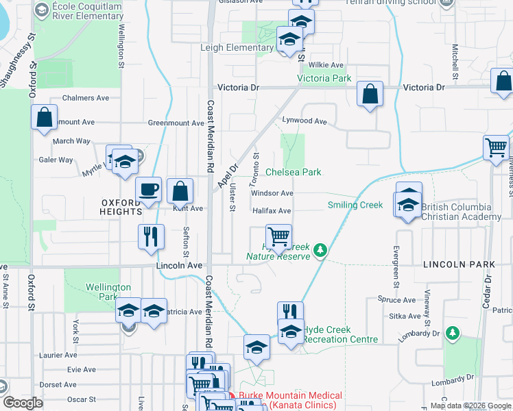 map of restaurants, bars, coffee shops, grocery stores, and more near 1379 Halifax Avenue in Port Coquitlam