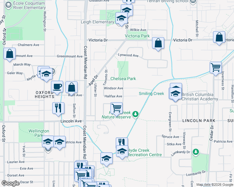 map of restaurants, bars, coffee shops, grocery stores, and more near 1329 Halifax Avenue in Port Coquitlam