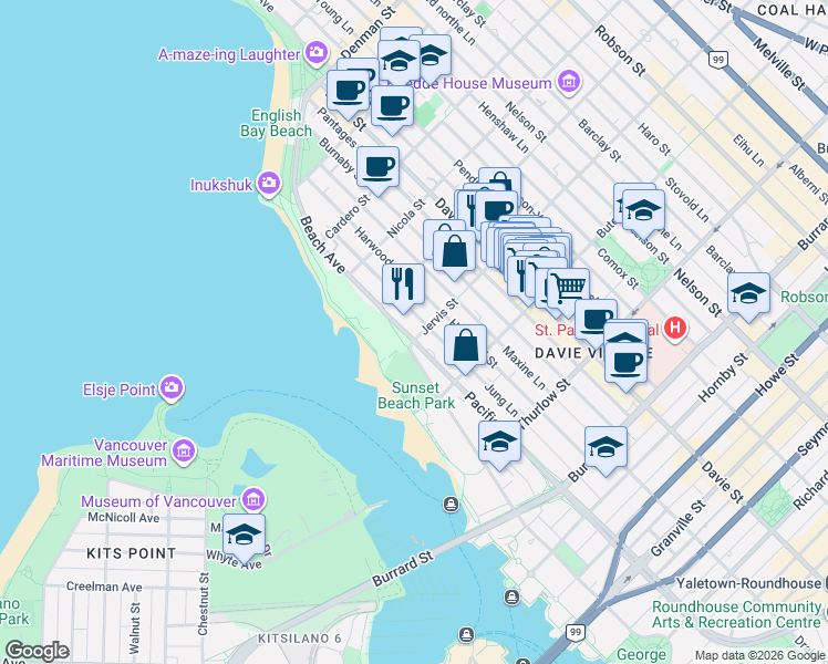 map of restaurants, bars, coffee shops, grocery stores, and more near 1311 Beach Avenue in Vancouver