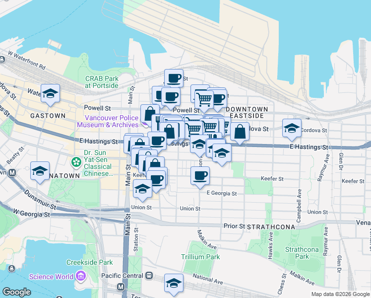 map of restaurants, bars, coffee shops, grocery stores, and more near 420 East Hastings Street in Vancouver