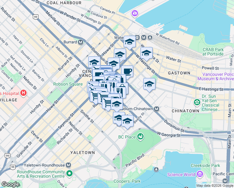 map of restaurants, bars, coffee shops, grocery stores, and more near 1055 Homer Street in Vancouver