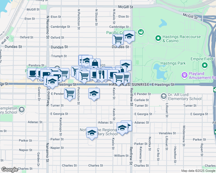 map of restaurants, bars, coffee shops, grocery stores, and more near in Vancouver