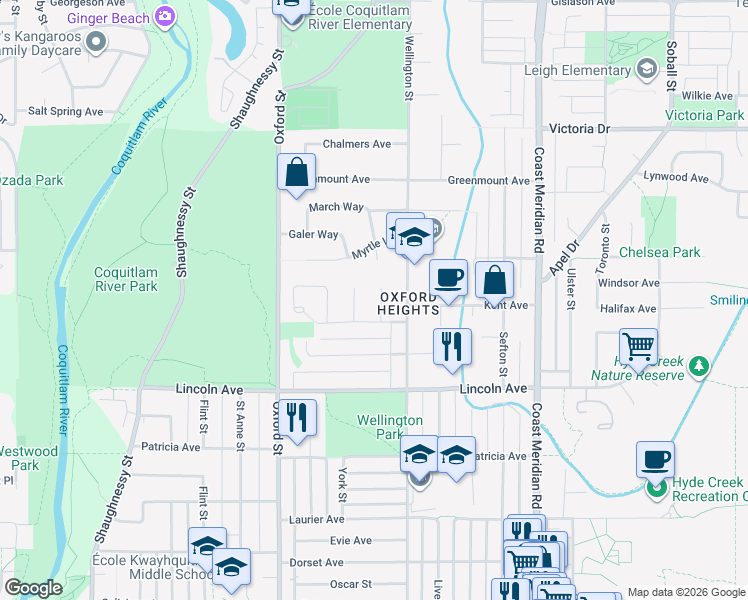 map of restaurants, bars, coffee shops, grocery stores, and more near 3825 Azalea Place in Port Coquitlam