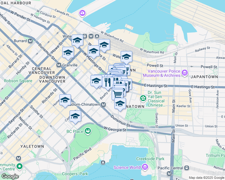 map of restaurants, bars, coffee shops, grocery stores, and more near 140 West Pender Street in Vancouver