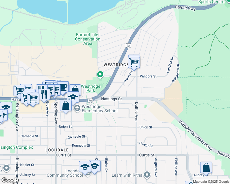 map of restaurants, bars, coffee shops, grocery stores, and more near 175 Barnet Road in Burnaby