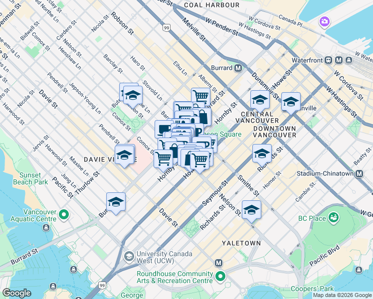 map of restaurants, bars, coffee shops, grocery stores, and more near 955 Hornby Street in Vancouver