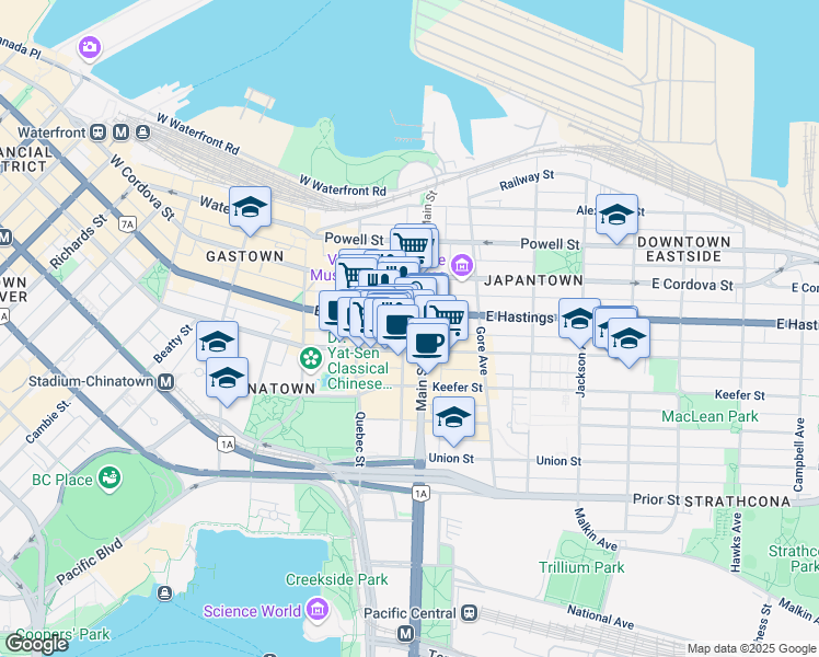 map of restaurants, bars, coffee shops, grocery stores, and more near 401 Main Street in Vancouver