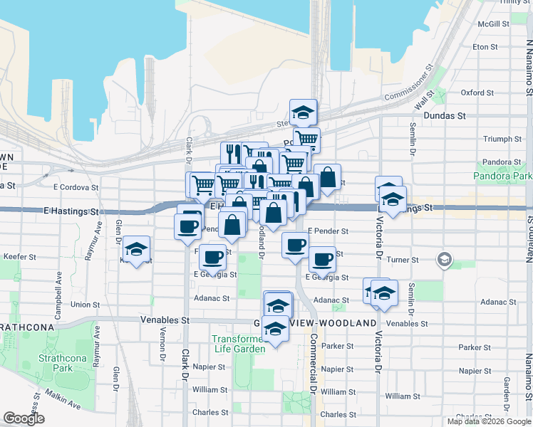 map of restaurants, bars, coffee shops, grocery stores, and more near 1618 British Columbia 7A in Vancouver