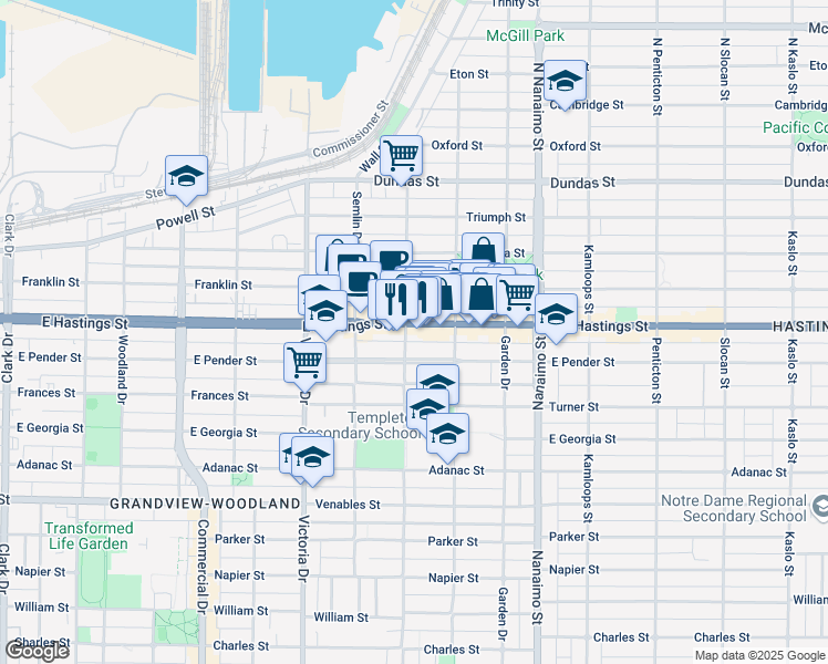 map of restaurants, bars, coffee shops, grocery stores, and more near 422 Lakewood Drive in Vancouver