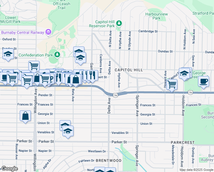 map of restaurants, bars, coffee shops, grocery stores, and more near 363 Delta Avenue in Burnaby