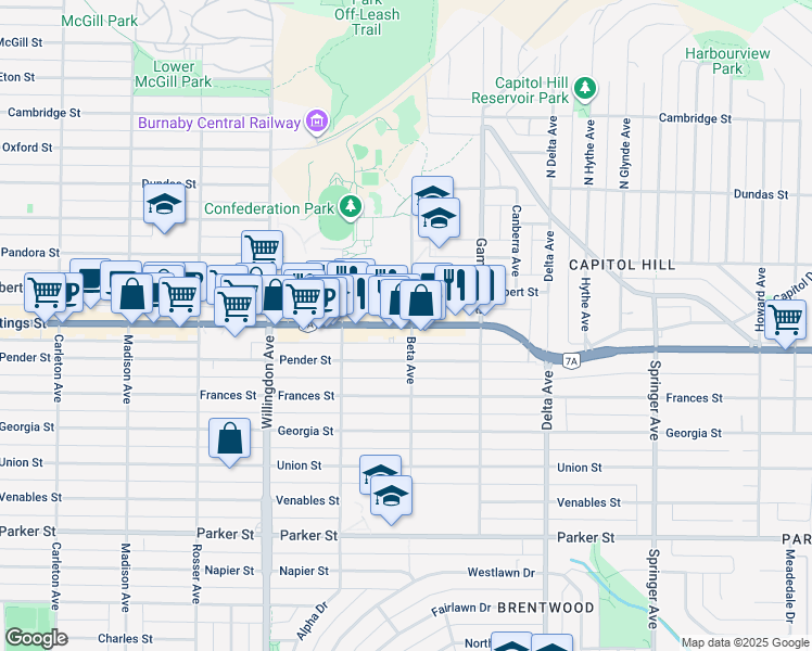 map of restaurants, bars, coffee shops, grocery stores, and more near 4688 Hastings Street in Burnaby