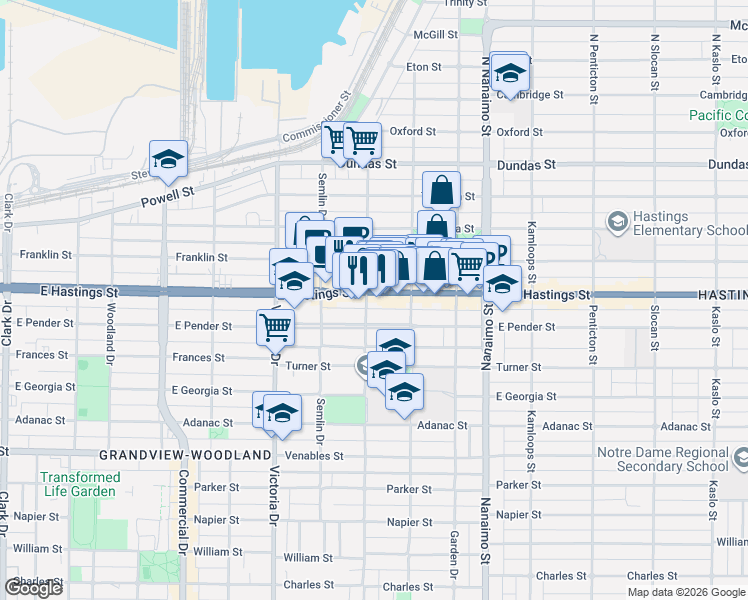 map of restaurants, bars, coffee shops, grocery stores, and more near 422 Lakewood Drive in Vancouver