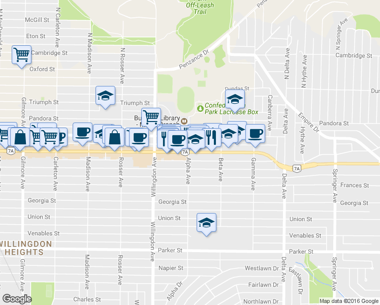 map of restaurants, bars, coffee shops, grocery stores, and more near 4590 Hastings Street in Burnaby