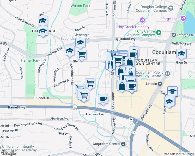 map of restaurants, bars, coffee shops, grocery stores, and more near 1155 Dufferin Street in Coquitlam