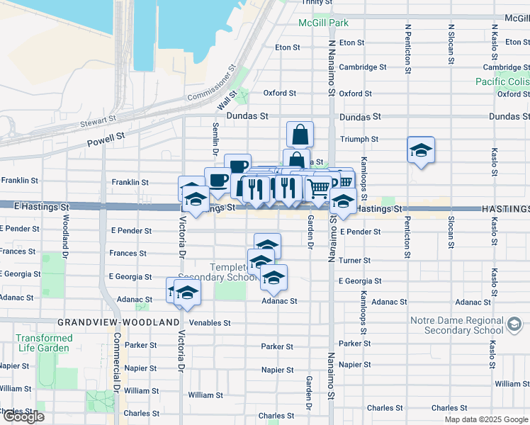 map of restaurants, bars, coffee shops, grocery stores, and more near in Vancouver