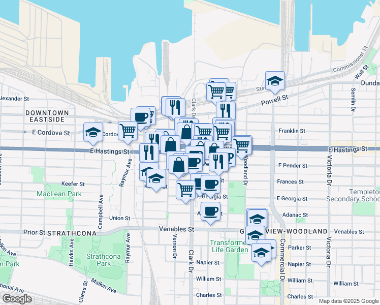 map of restaurants, bars, coffee shops, grocery stores, and more near in Vancouver