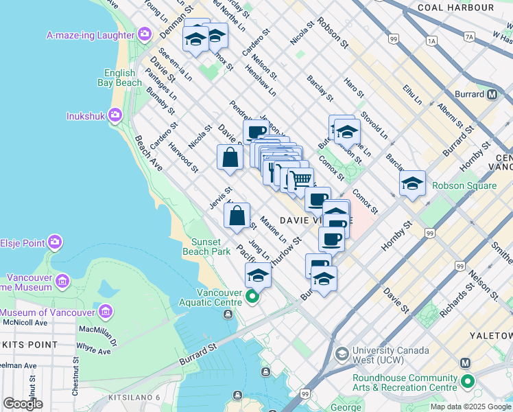 map of restaurants, bars, coffee shops, grocery stores, and more near 1208 Burnaby Street in Vancouver