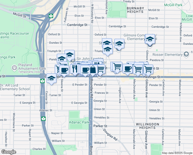 map of restaurants, bars, coffee shops, grocery stores, and more near 3728 British Columbia 7A in Burnaby