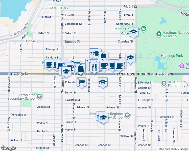 map of restaurants, bars, coffee shops, grocery stores, and more near 2636 East Hastings Street in Vancouver