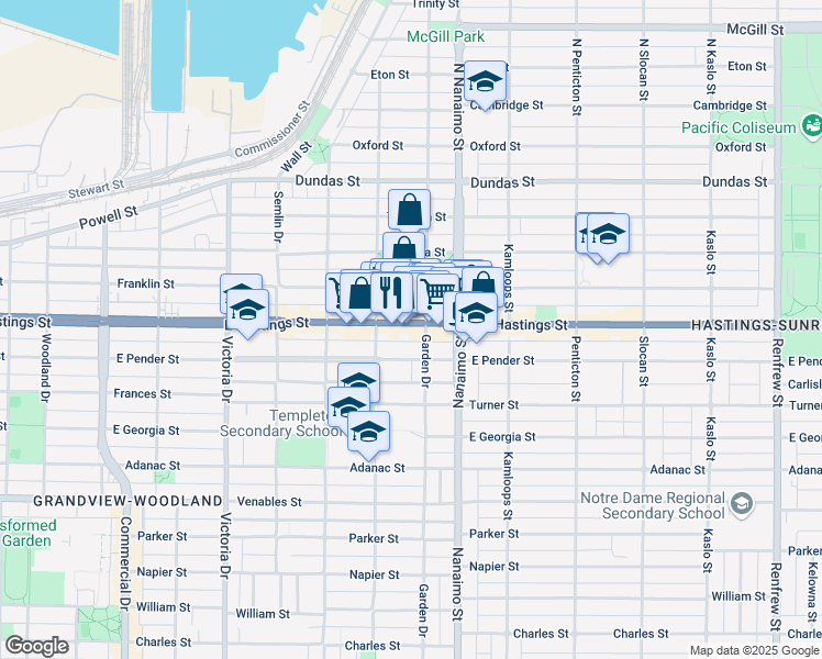 map of restaurants, bars, coffee shops, grocery stores, and more near 2276 East Hastings Street in Vancouver