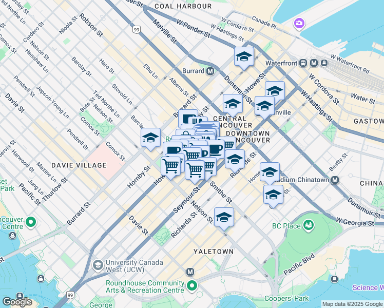 map of restaurants, bars, coffee shops, grocery stores, and more near 784 Robson Street in Vancouver