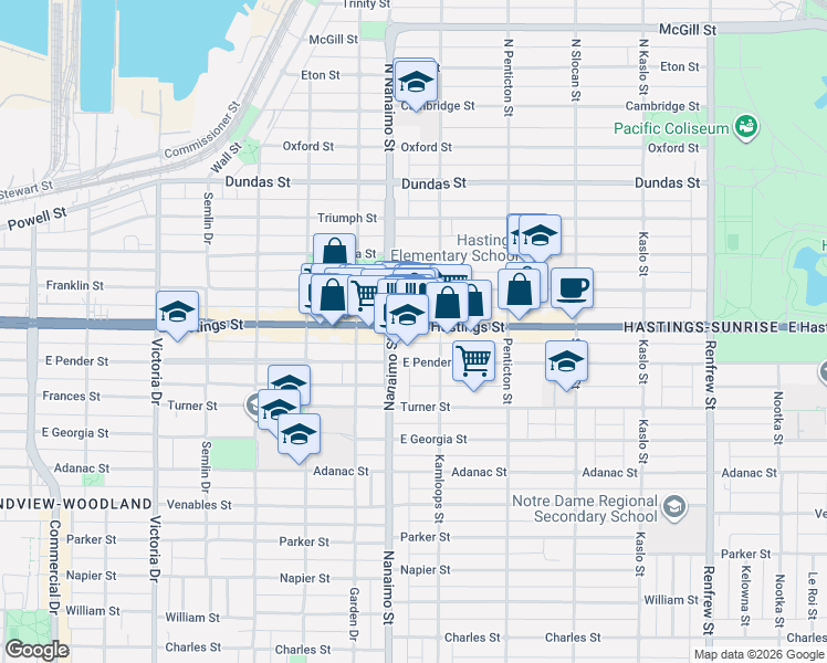 map of restaurants, bars, coffee shops, grocery stores, and more near 2438 East Hastings Street in Vancouver