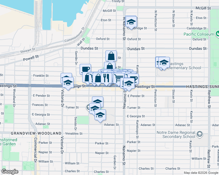 map of restaurants, bars, coffee shops, grocery stores, and more near 2265 East Hastings Street in Vancouver
