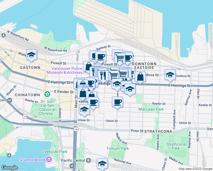 map of restaurants, bars, coffee shops, grocery stores, and more near 437 East Hastings Street in Vancouver