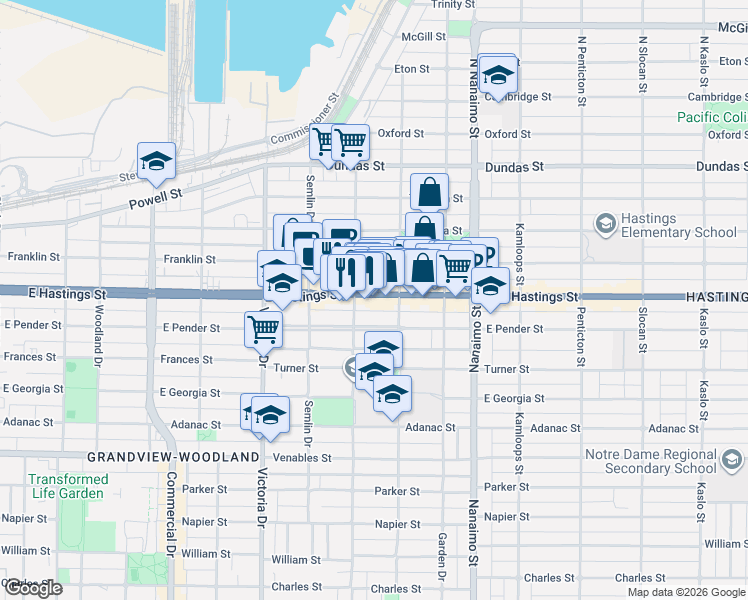 map of restaurants, bars, coffee shops, grocery stores, and more near 2138 East Hastings Street in Vancouver
