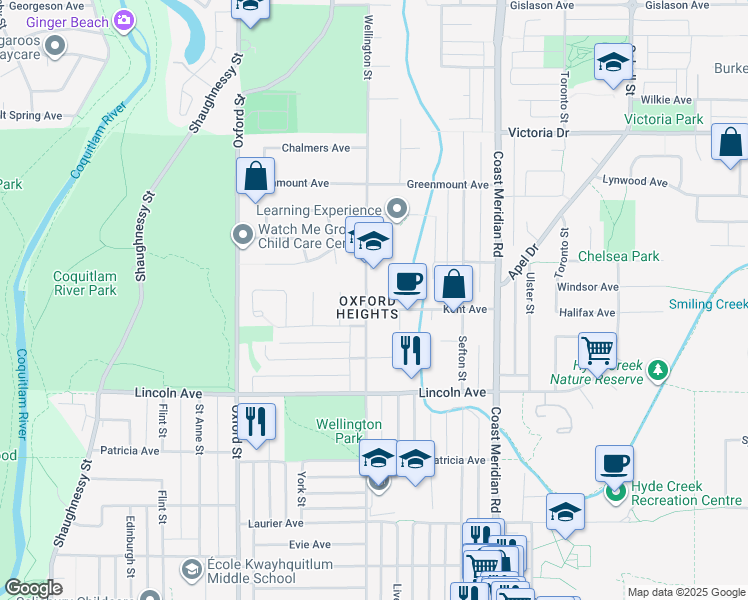 map of restaurants, bars, coffee shops, grocery stores, and more near 1693 Kent Avenue in Port Coquitlam