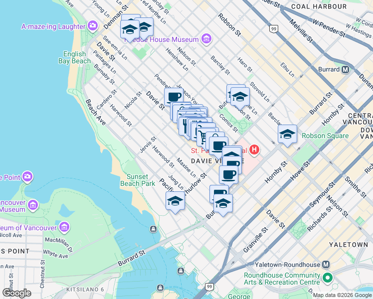 map of restaurants, bars, coffee shops, grocery stores, and more near 1250 Bute Street in Vancouver