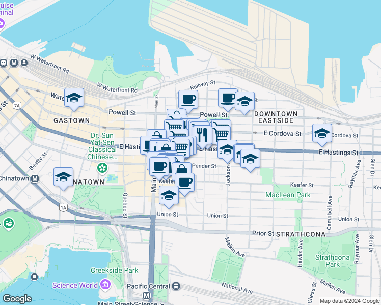 map of restaurants, bars, coffee shops, grocery stores, and more near 336 East Hastings Street in Vancouver