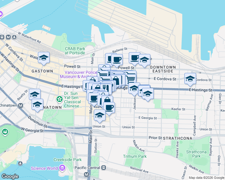 map of restaurants, bars, coffee shops, grocery stores, and more near 336 East Hastings Street in Vancouver