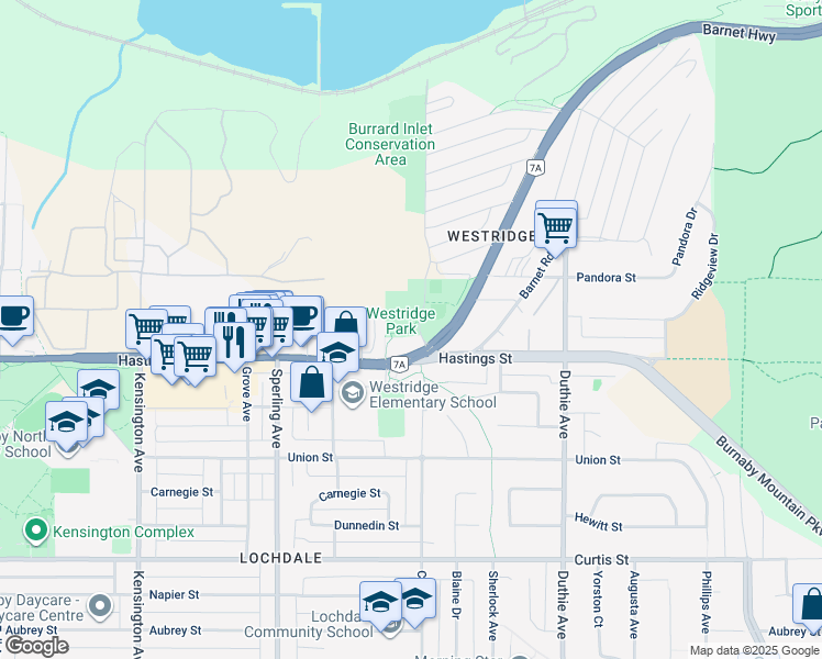 map of restaurants, bars, coffee shops, grocery stores, and more near 385 Cliff Avenue in Burnaby