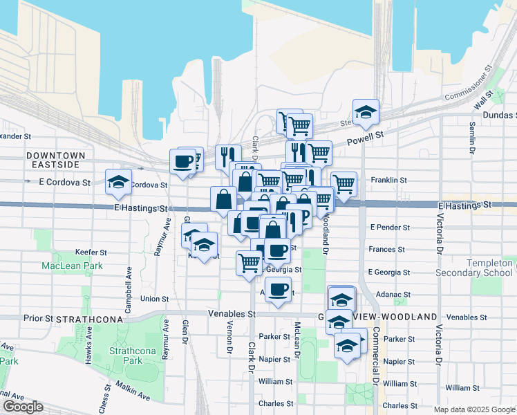 map of restaurants, bars, coffee shops, grocery stores, and more near in Vancouver