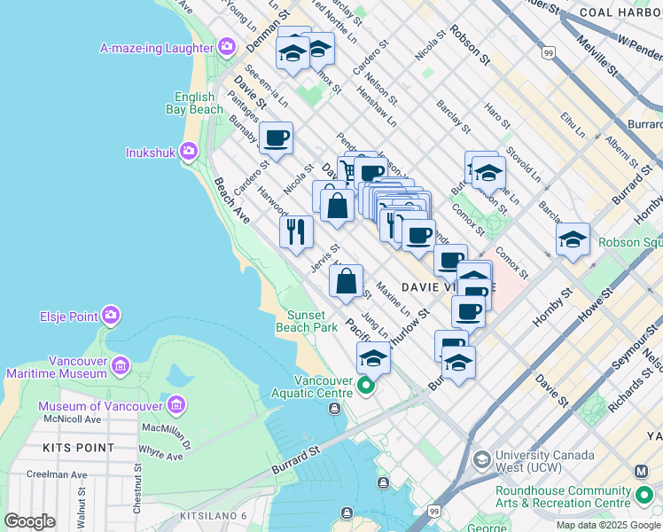 map of restaurants, bars, coffee shops, grocery stores, and more near 1260 Harwood Street in Vancouver