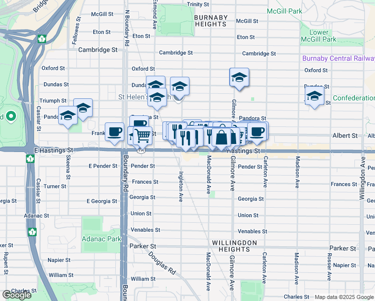 map of restaurants, bars, coffee shops, grocery stores, and more near 3920 Hastings Street in Burnaby