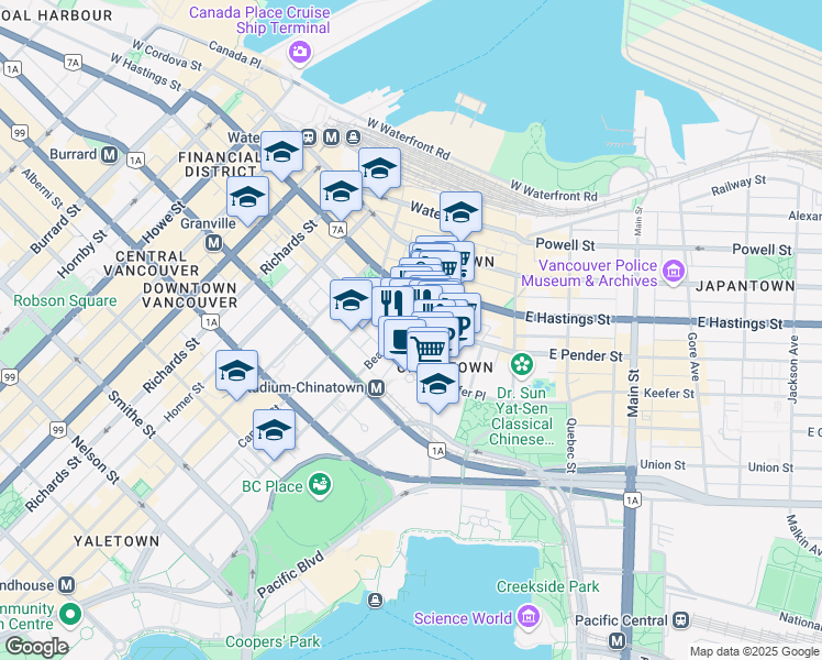 map of restaurants, bars, coffee shops, grocery stores, and more near 502 Beatty Street in Vancouver